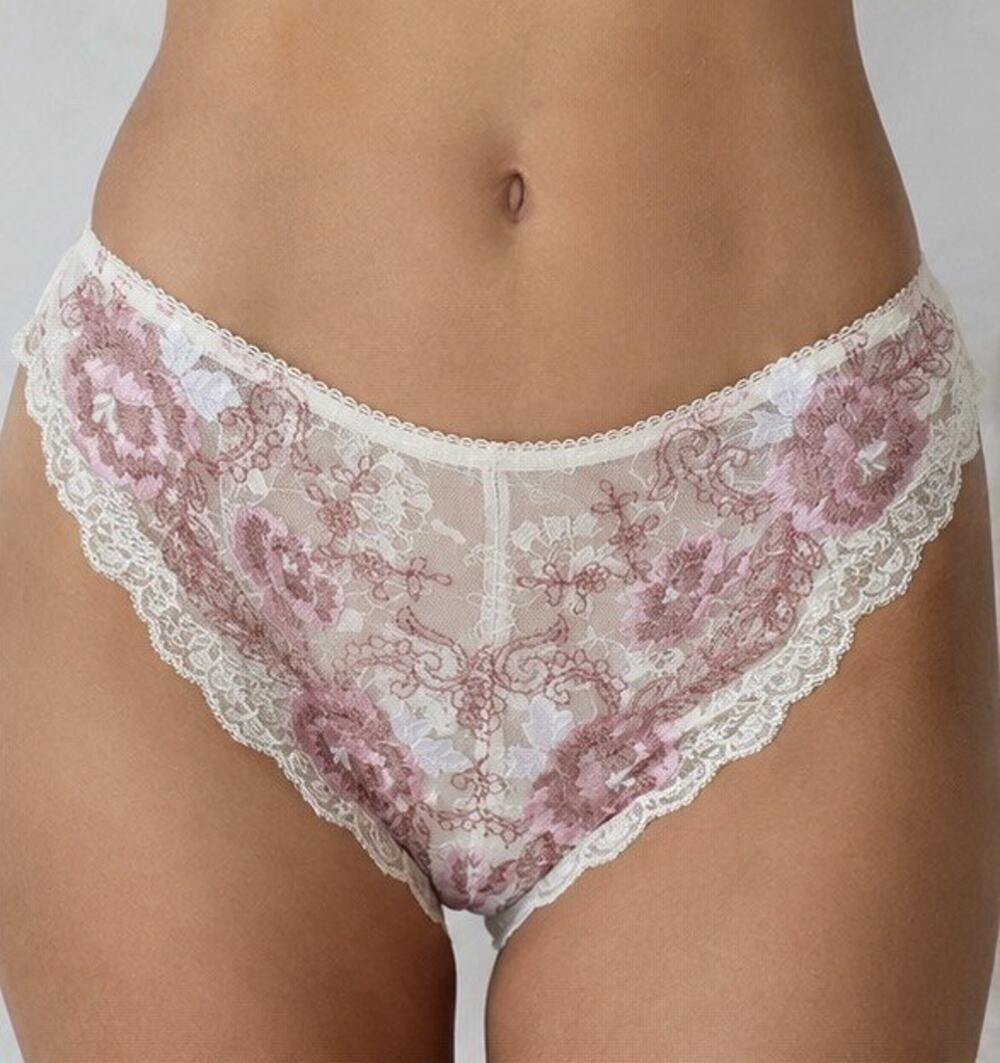 Millesia Embroidered Lace Bikini Panties XS Ivory Luxury Floral Sheer France NWT